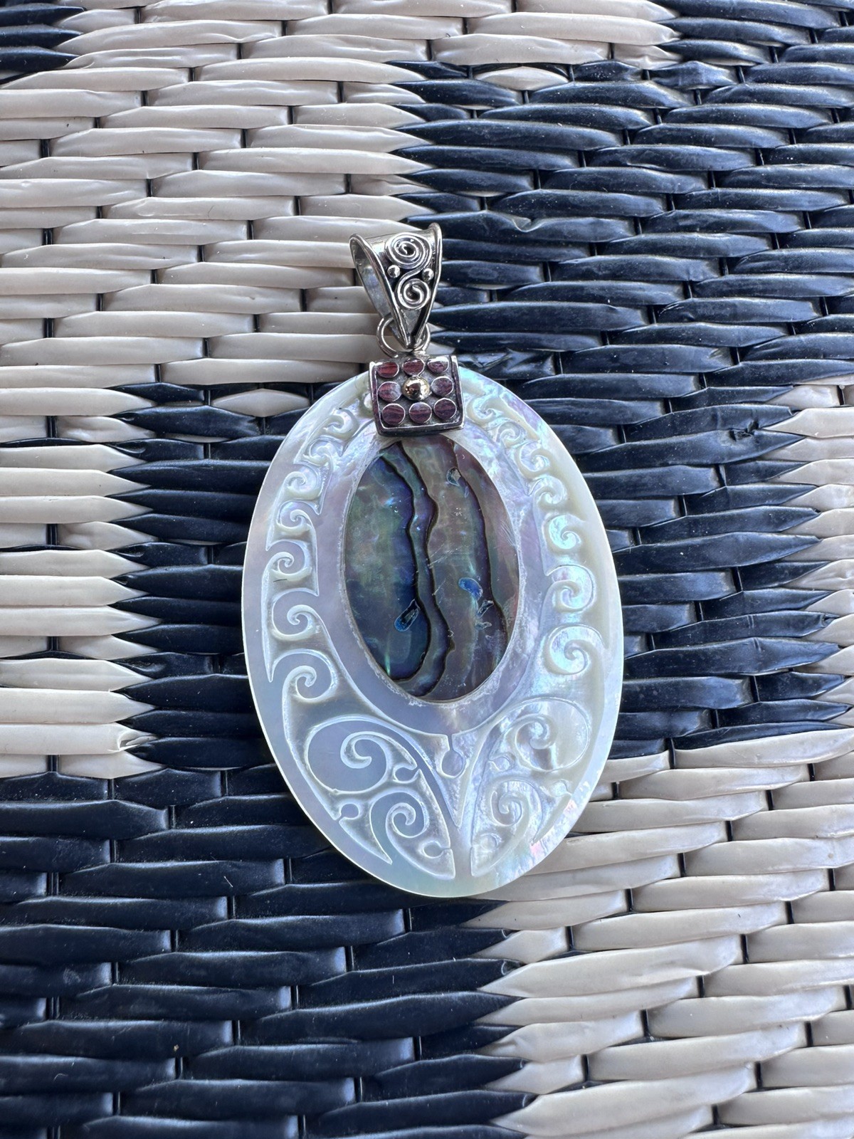 NIB Bali Designs by Robert Manse Abalone & Carved Mother Of Pearl Pendant