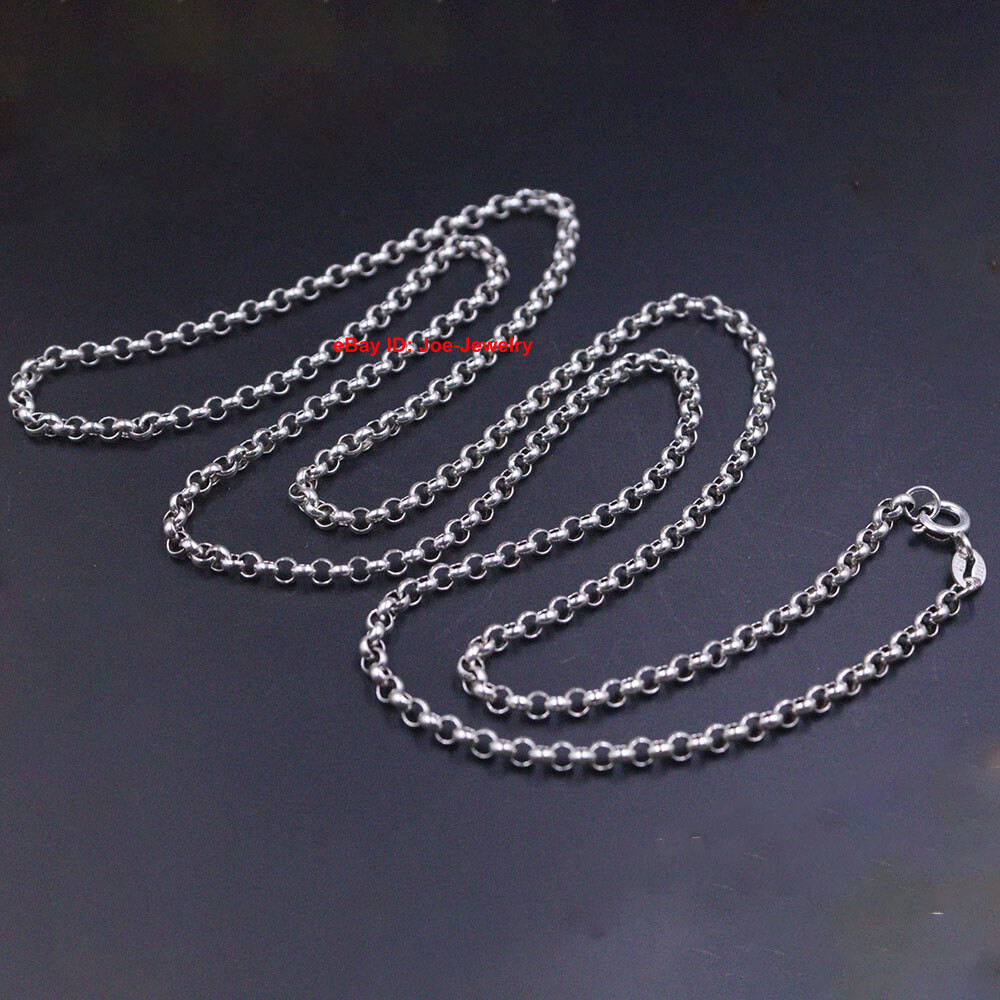 Real 925 Sterling Silver 3mm Rolo Link Chain Necklace 27.6″ L LONG CHAIN
