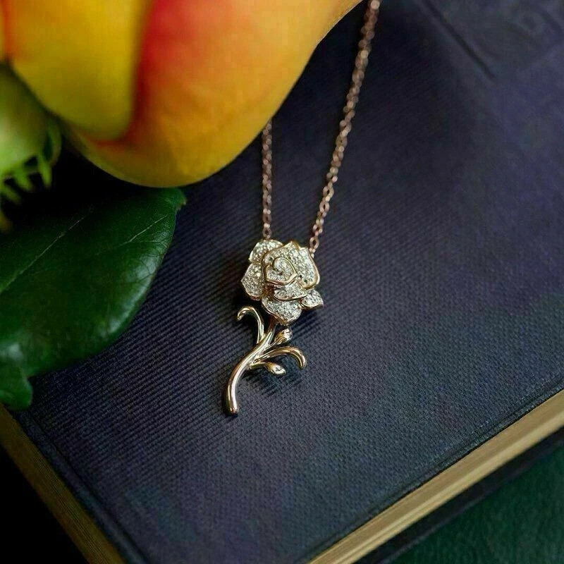 2Ct Round VVS1/D Diamond Rose Design Pendant 14K White Gold Finish Free Chain