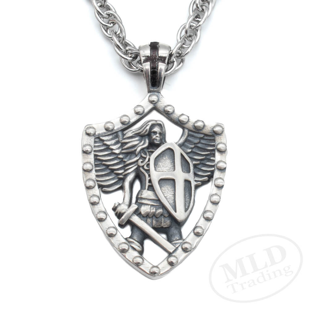 MLD 925 Sterling Silver Saint St Michael Shield Pendant Necklace w/ 22″ Chain