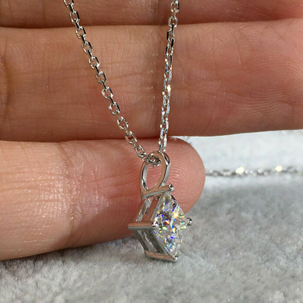 3.00Ct Princess Cut Moissanite 4 Prong Solitaire Necklace 10K Solid White Gold