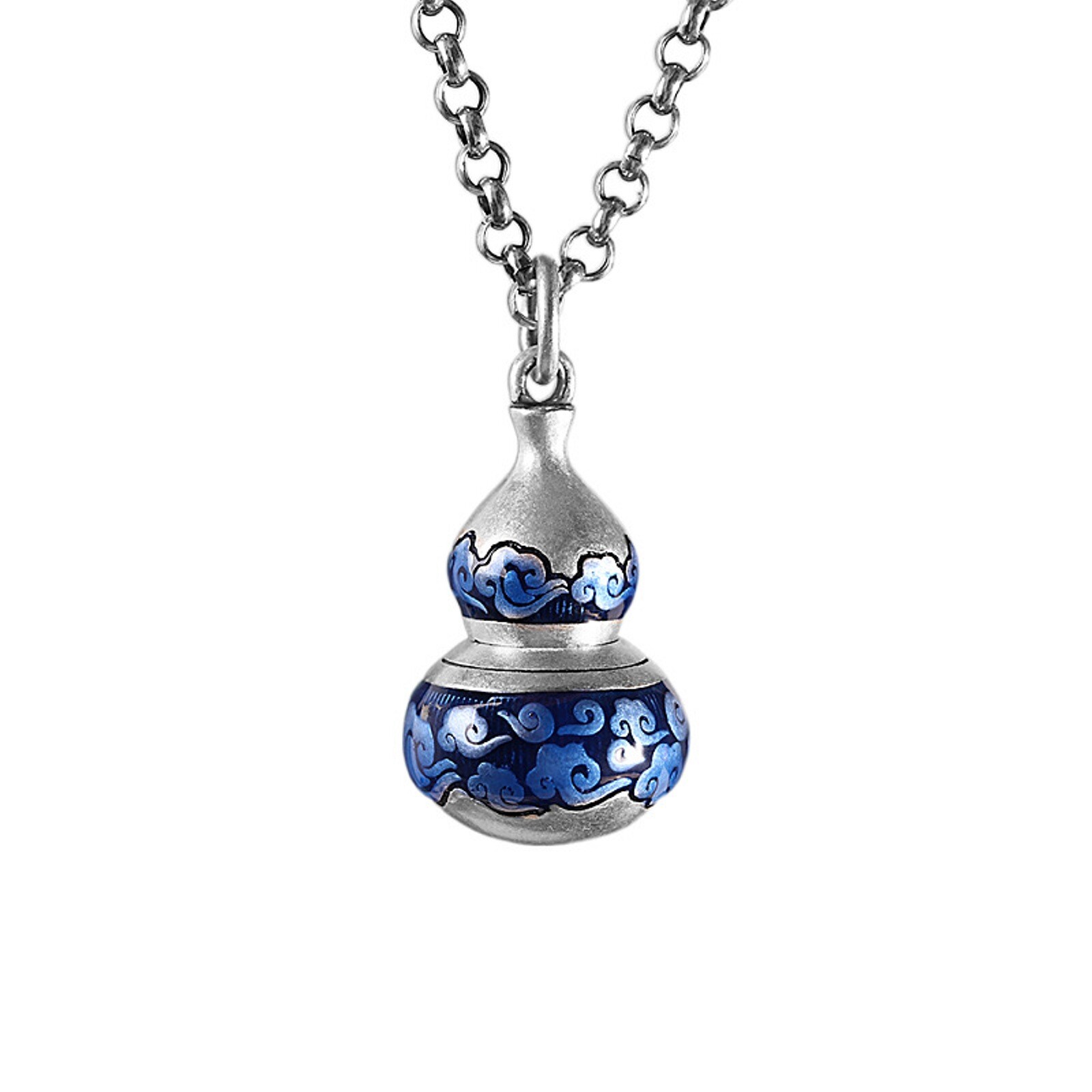 Pure S925 Sterling Silver Men Women Lucky Blue Enamel Gourd Box Pendant 15.5g