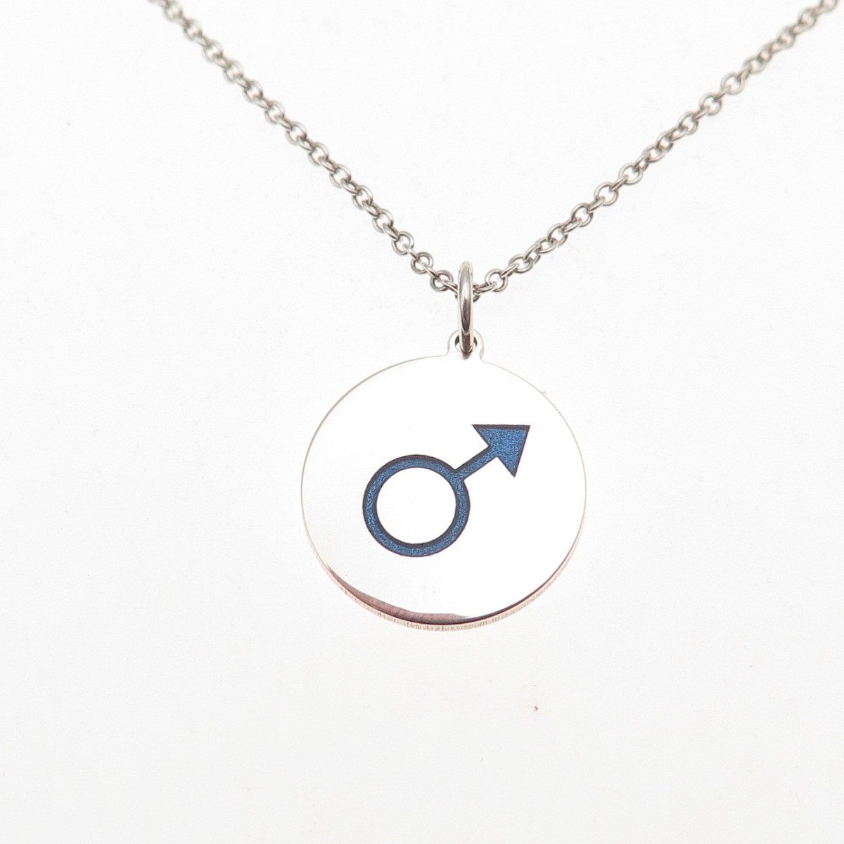 925 Sterling Silver Blue Enamel Male Symbol Round Tag Cable Chain Necklace 18″