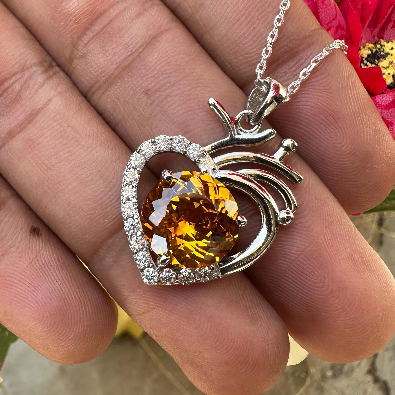 Certified Orange Sapphire 27 Ct Heart Pendant Necklace 925 Sterling Silver