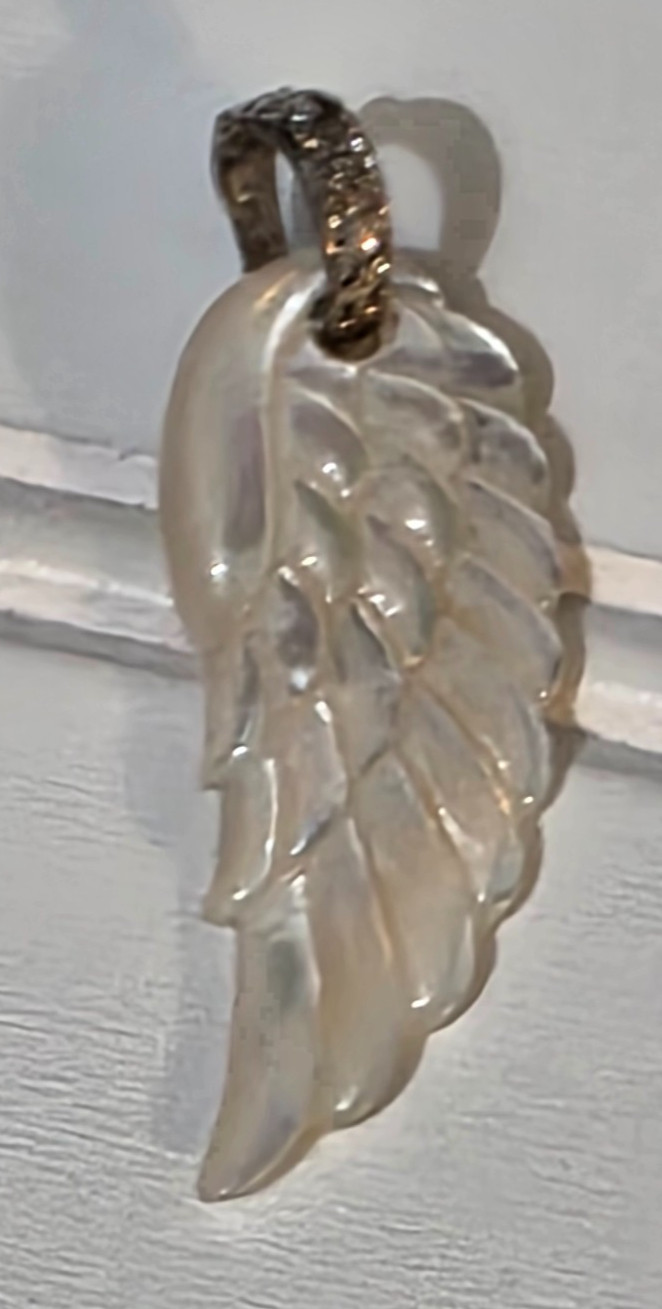2″ Carved Angel Wing Sterling Silver Pendant Mother of Pearl 925