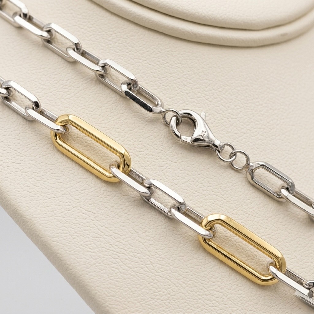 Knife Edge Paper Clip Oval Chain Necklace 14K Two-Tone Gold Plated Real Silver