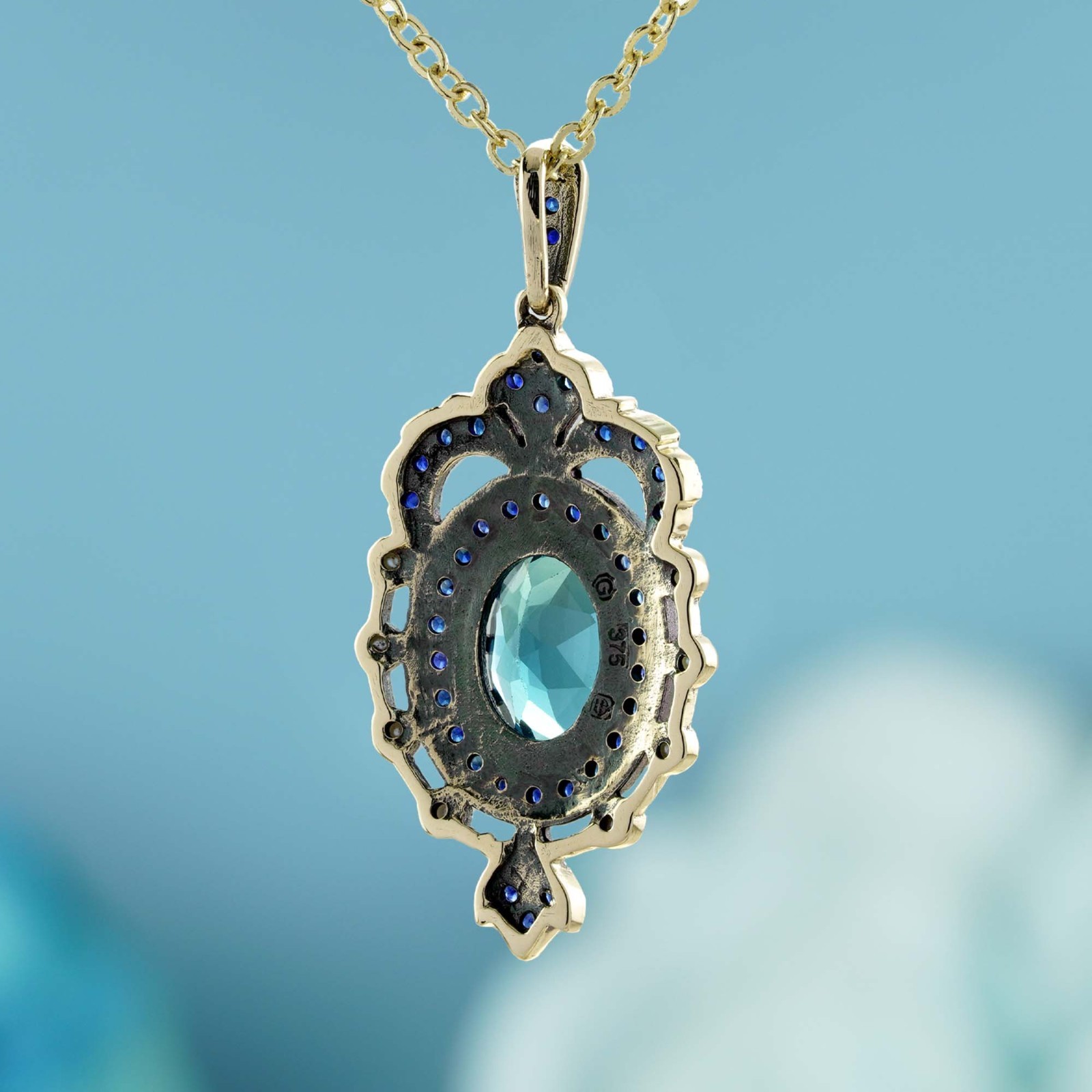 9K Gold Blue Topaz Sapphire Pearl Crown Pendant Vintage Style Pendant Necklace
