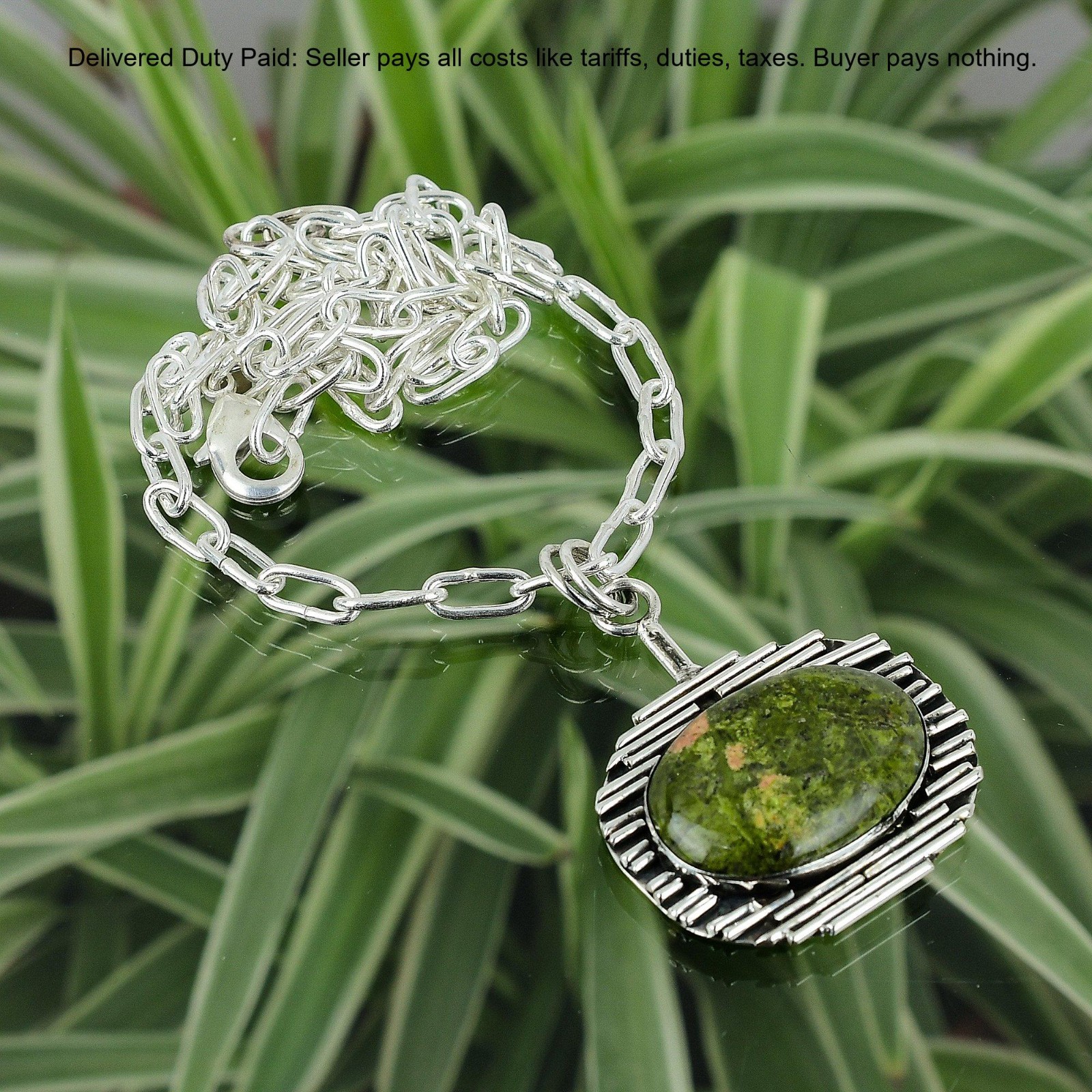 925 Sterling Silver Oval Natural Unakite Sister Birthday Chain Necklace Jewelry