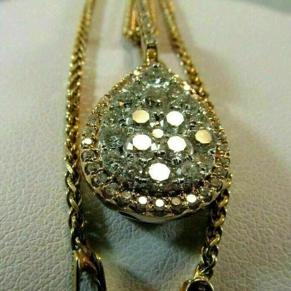 Women’s 14k Yellow Gold Over 2Ct Round Cut VVS1 Diamond Drop Pendant With Chain