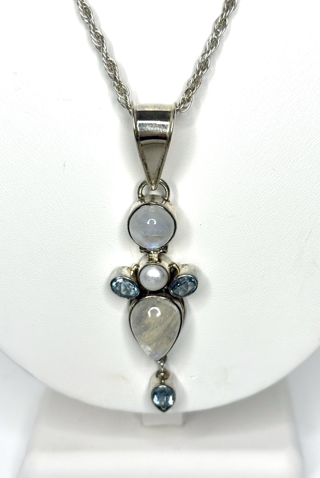 925 Sterling Silver Necklace w/ Rainbow Moonstone, Blue Topaz, Pearl Pendant 36g
