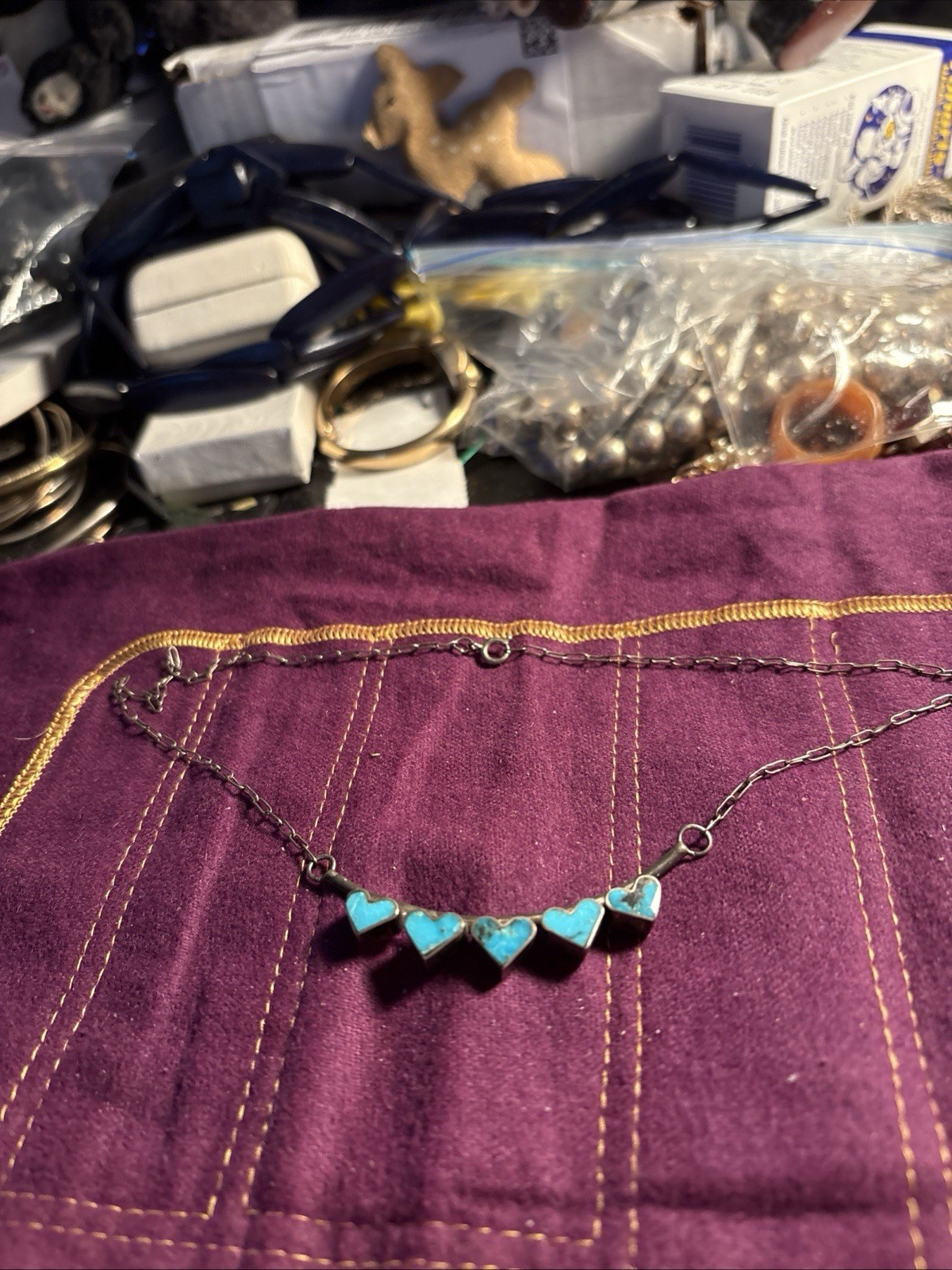 Sterling Five Heart Turquoise Placket Paper Clip Pendant Necklace Delicate