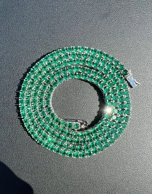 45CT Lab Created Green Emerald 14K White Gold Plated 4mm Womens Tennis Necklace