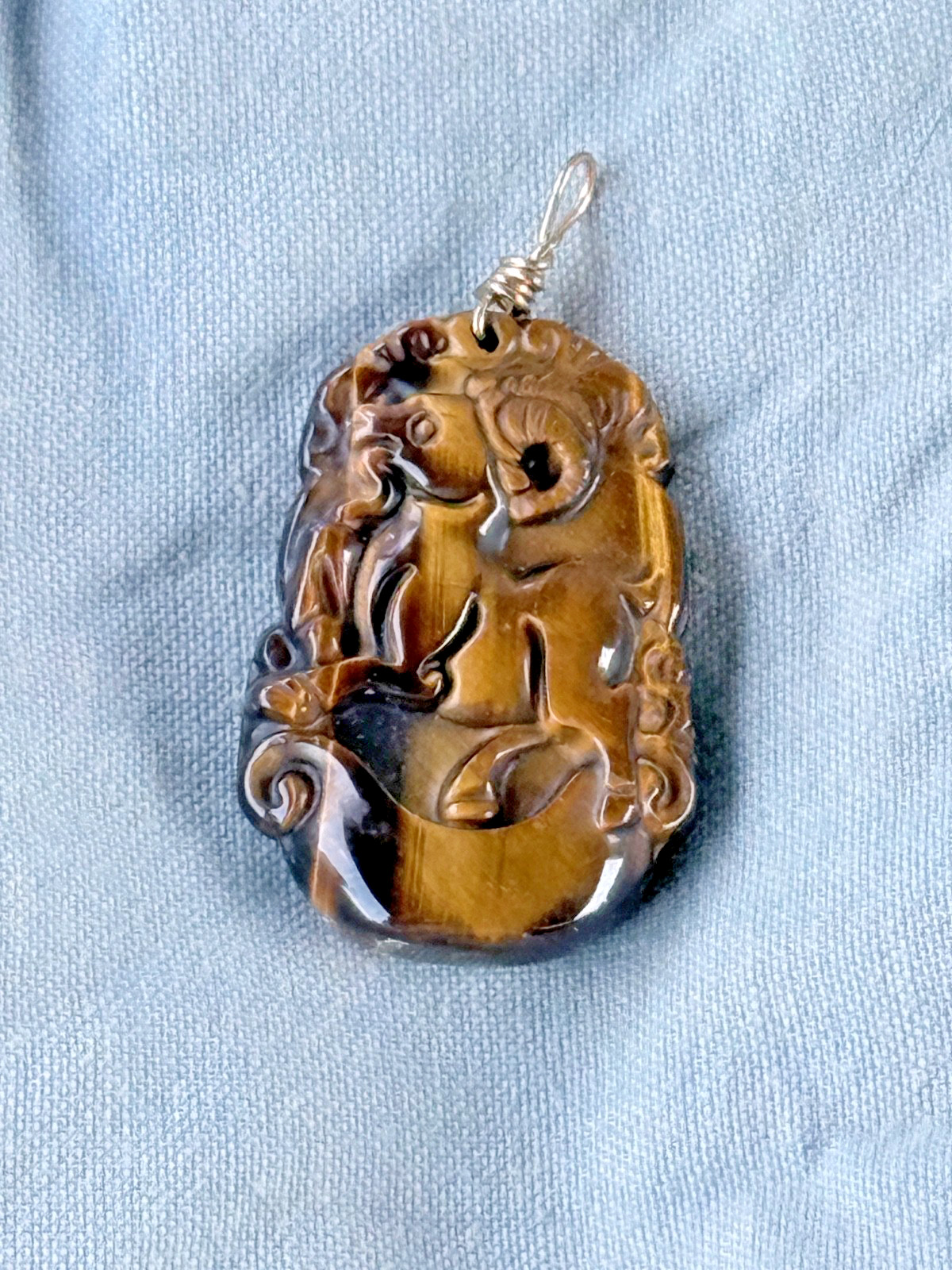 Natural Tiger’s Stone Carved Aries Ram Lucky Animal Pendant