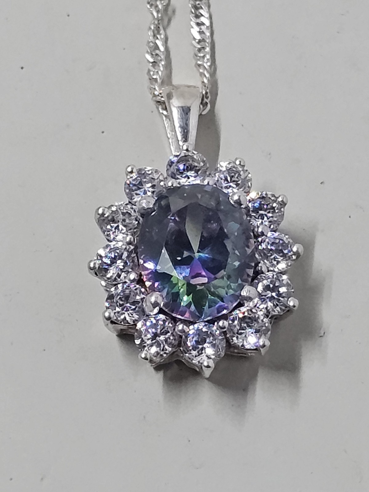 Mystic Topaz Pendant Necklace 925 Sterling Silver CZ Halo India 18″