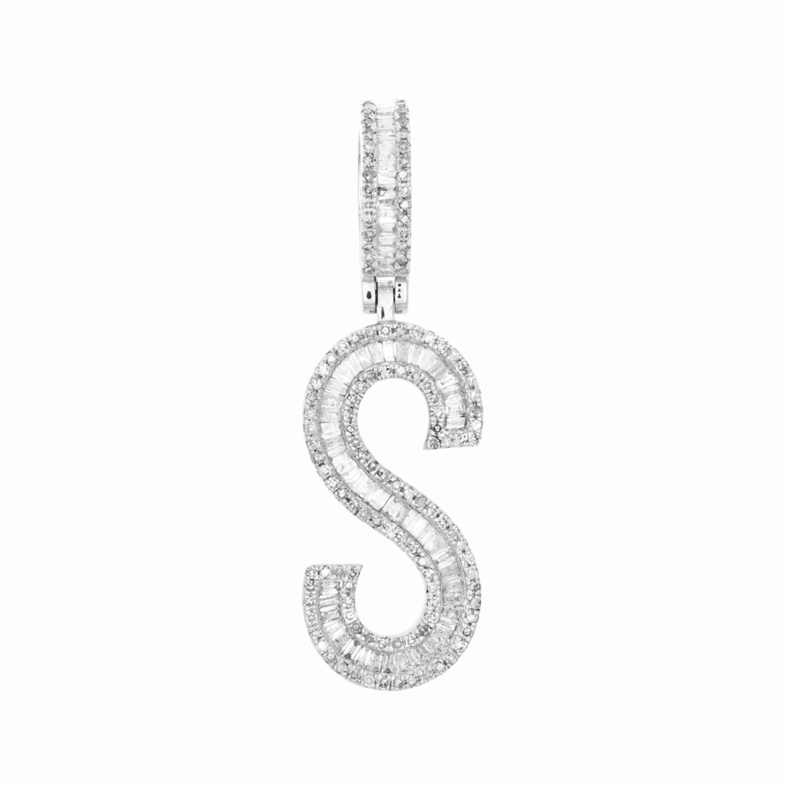 10K White Gold Baguette Diamond Initial S Pendant 1.50″ Letter Charm 0.75 Ct