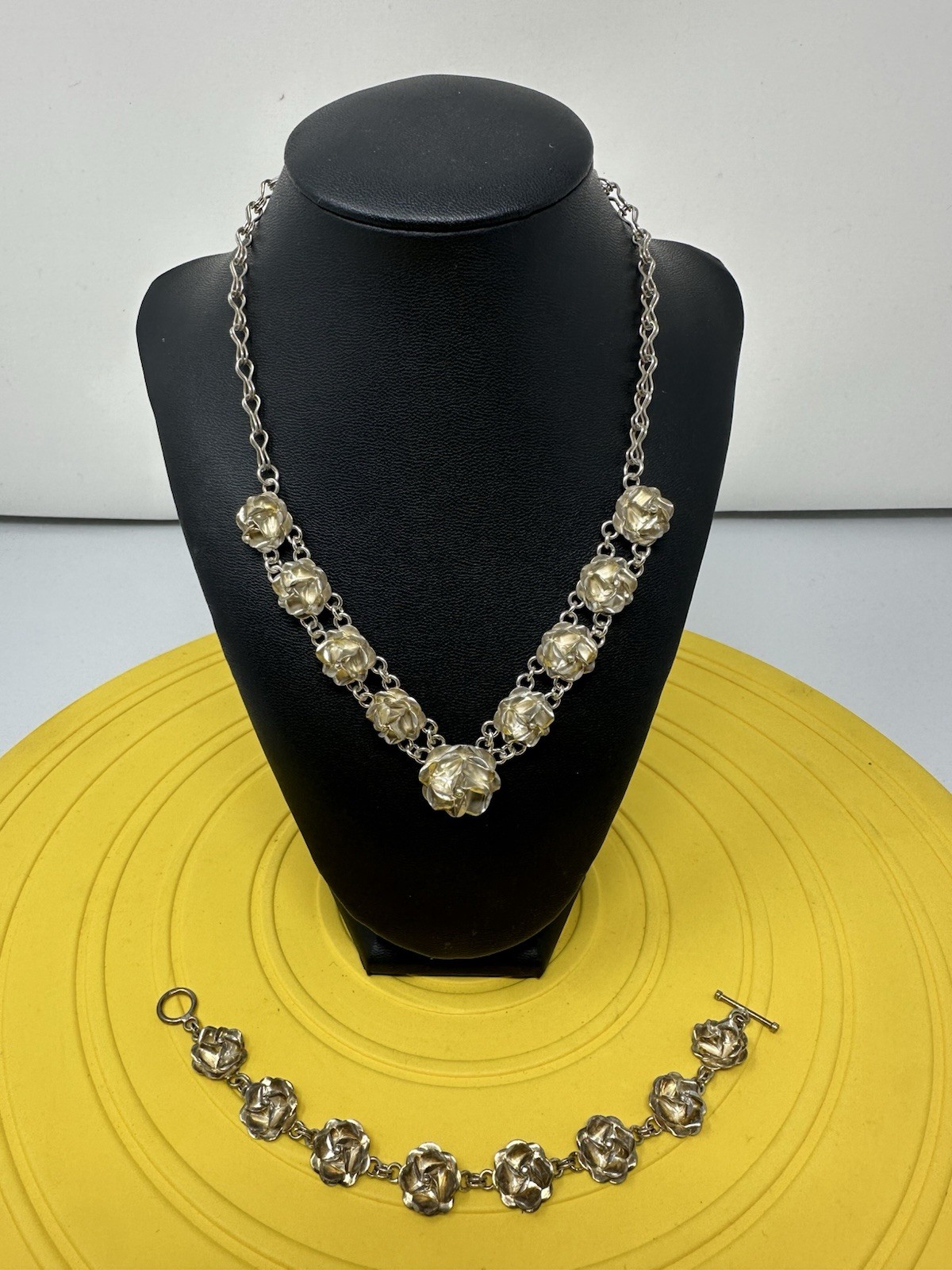 Sterling Silver Rose Flower Pendant Choker Necklace & Bracelet Set 65g 17in 7in+