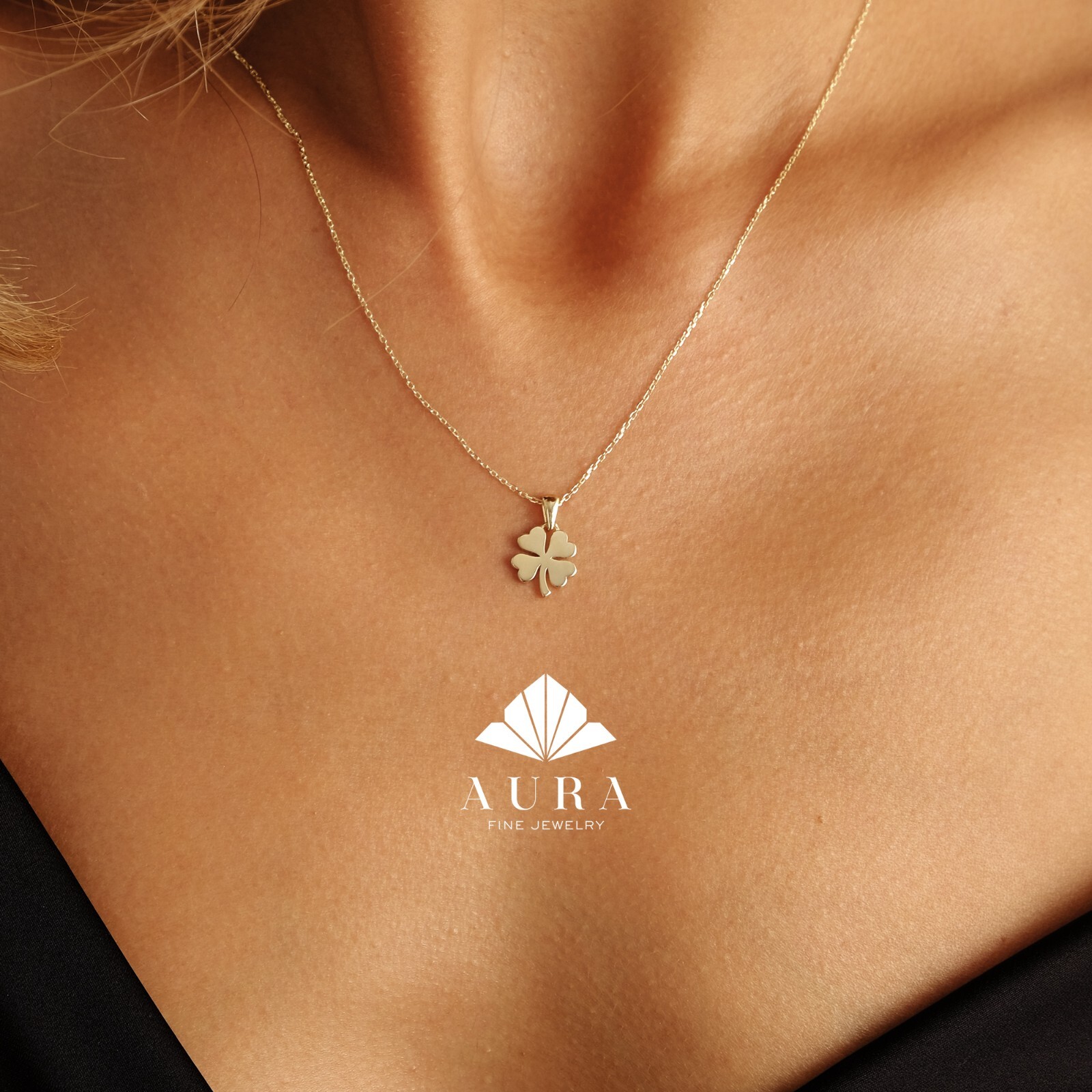 14K Gold Clover Necklace, Four Leaf Pendant, St Patricks Day Accessory, Bride