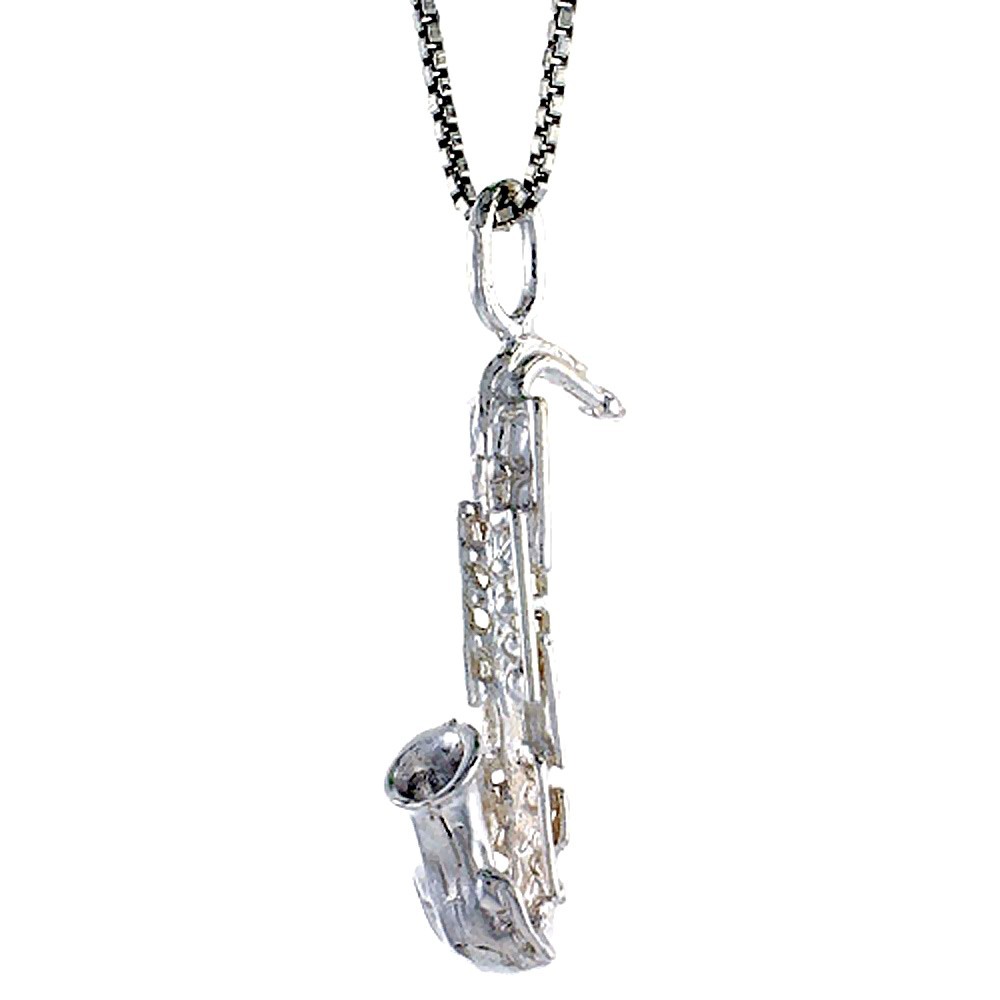 925 Sterling Silver Diamond Cut Saxophone Pendant 1 1/32 (26mm) Inch Tall