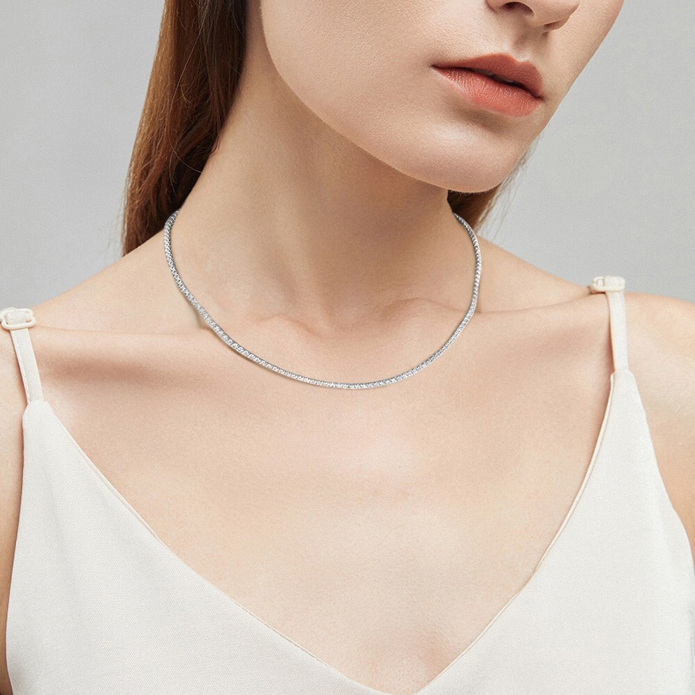 2mm Moissanite Tennis Chain Necklace 925 Sterling Silver Plated 14K White Gold