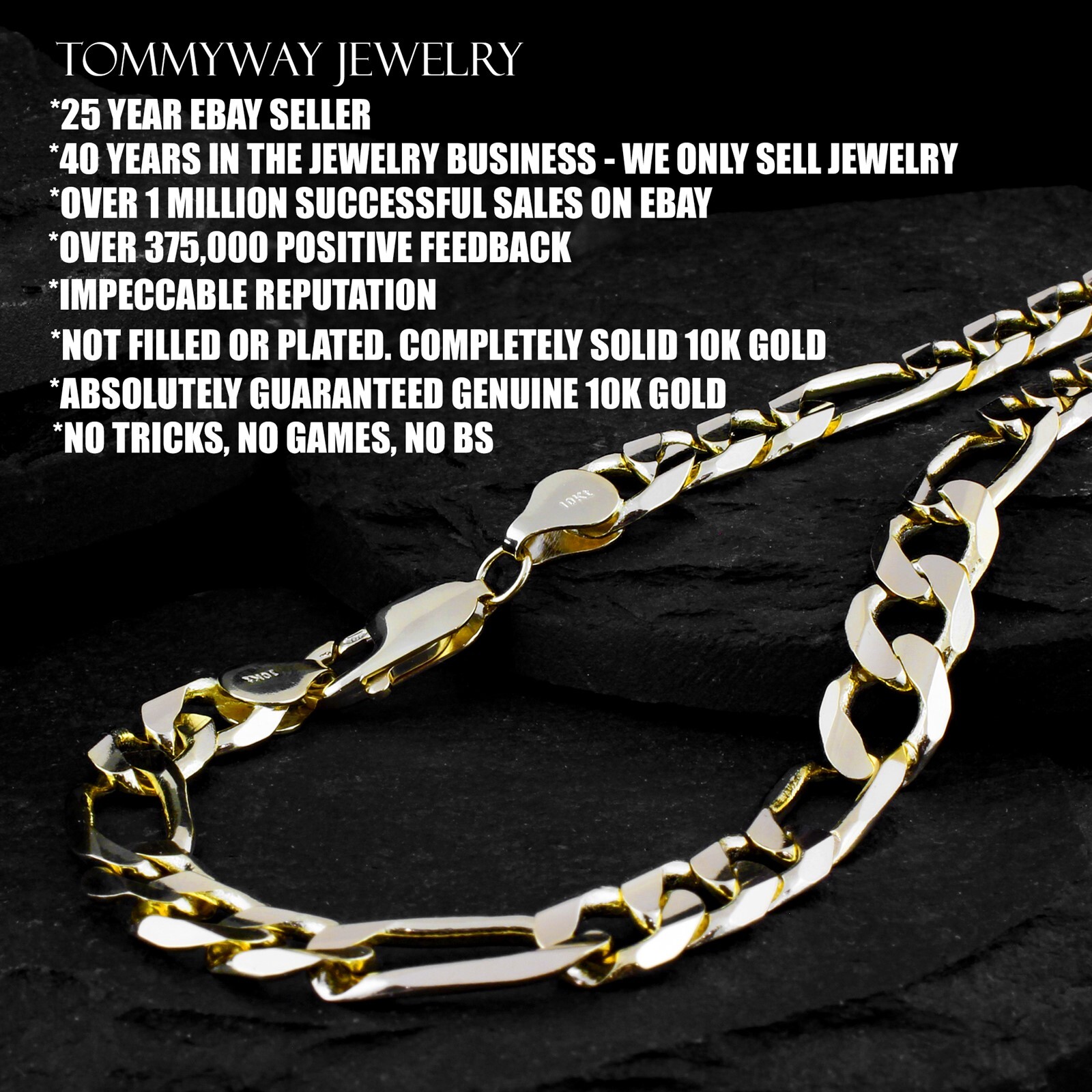 Guaranteed Genuine Solid 10K Gold Figaro 3+1 Link Chain Necklace All Sizes