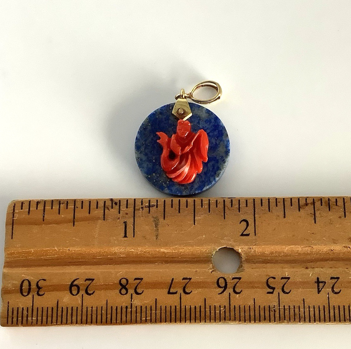 10k Gold Lapis Lazuli Pendant, Red Carved Coral Figure with Fishtail 2″