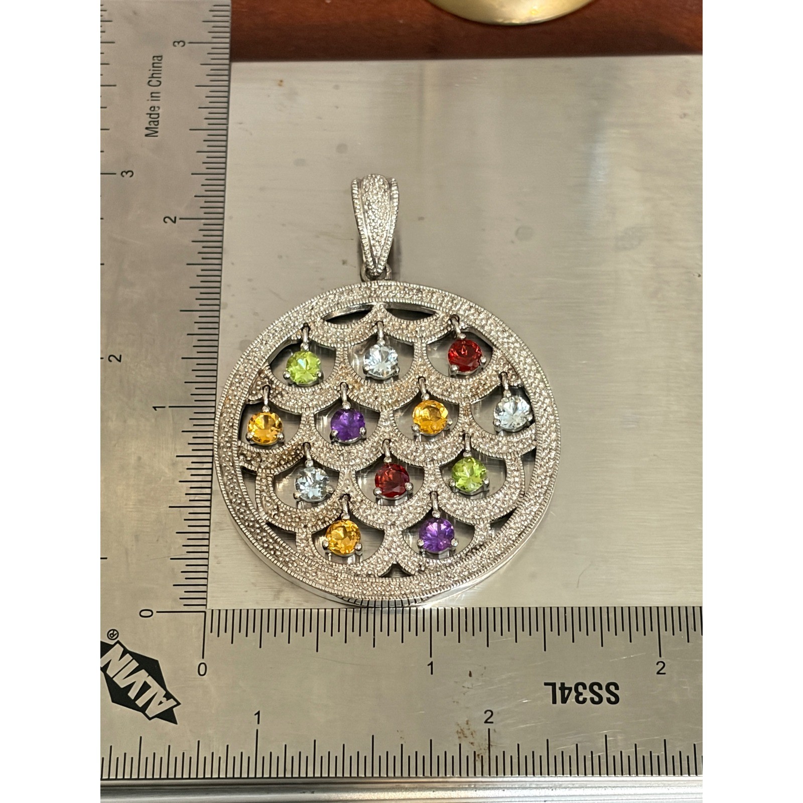 Unbranded 925 Sterling Silver Multi-Gemstone Scalloped Circle Pendant Large