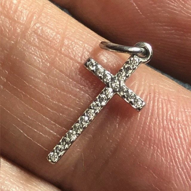 B3360 925 Sterling Silver Cross Pendant Mini Pave cz Accents Charm 16mm