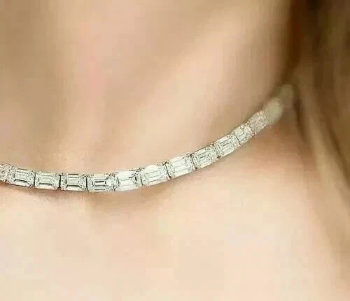 19Ct Emerald Cut Lab Created Diamond Tennis Necklace 14K White Gold Plated 18″In