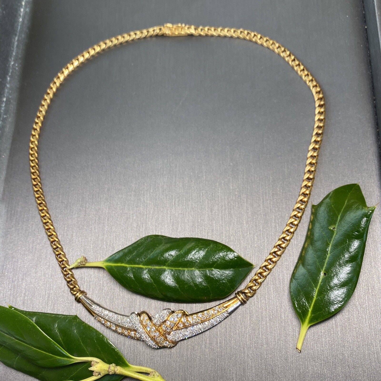 18K Yellow White Gold Diamond Love Knot X Crescent Vintage Cuban Chain Necklace