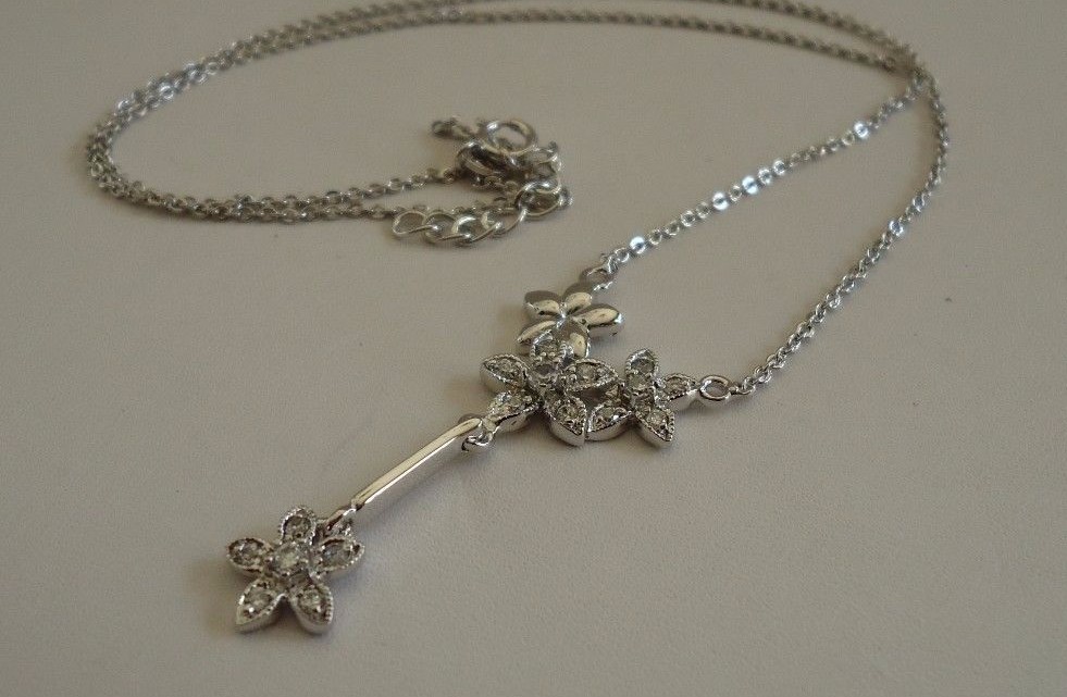 925 STERLING SILVER FLOWER DANGLING PENDANT NECKLACE W/ .75 CT ACCENTS/18”CHAIN