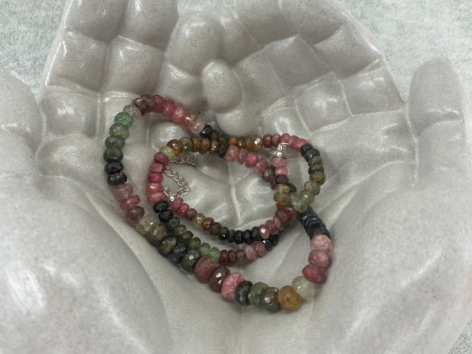 Multi Tourmaline Bead Necklace Sterling Silver 925 Signed KJC India 18in 5mm Box