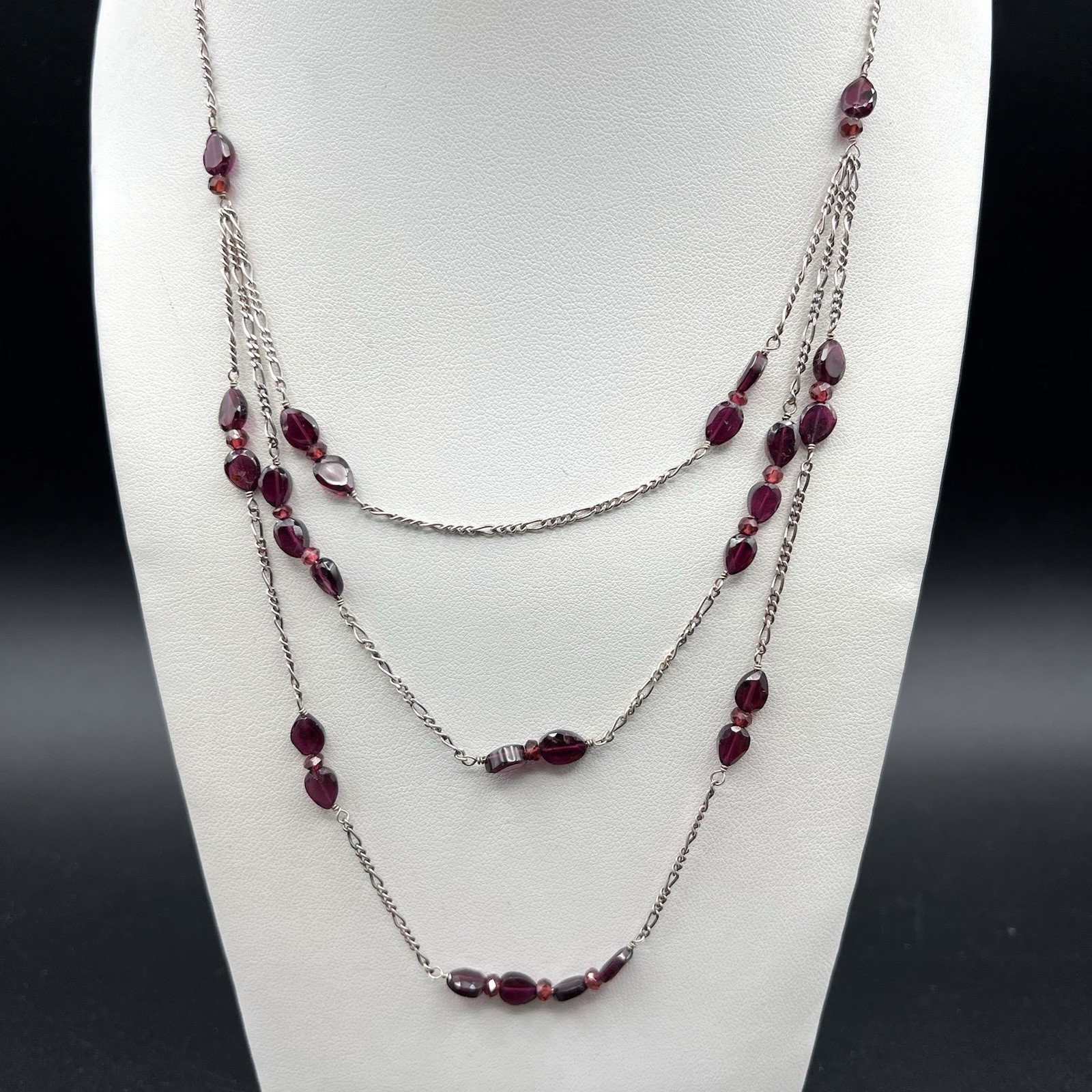 J Jill 925 Sterling Silver Purple Amethyst Necklace Triple Chain Layered Italy