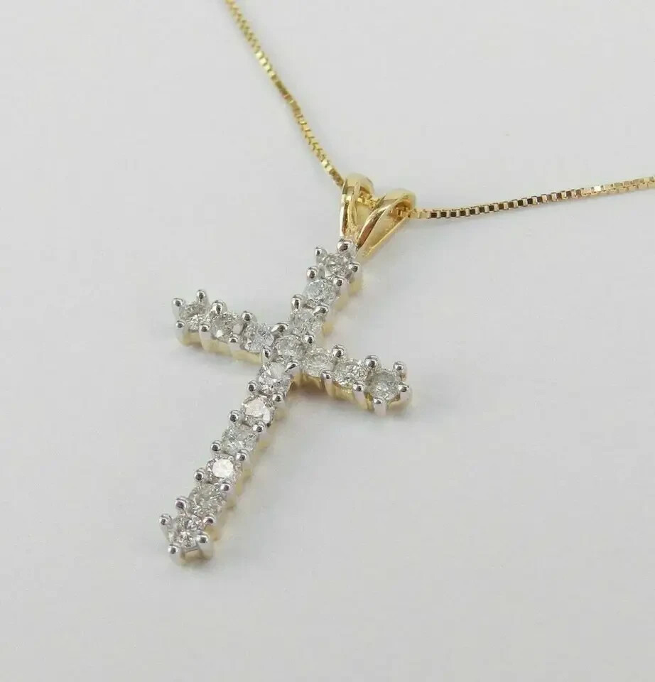1.30Ct Round Cut Diamond Cross Pendant Necklace 14K Yellow Gold Over Free Chain