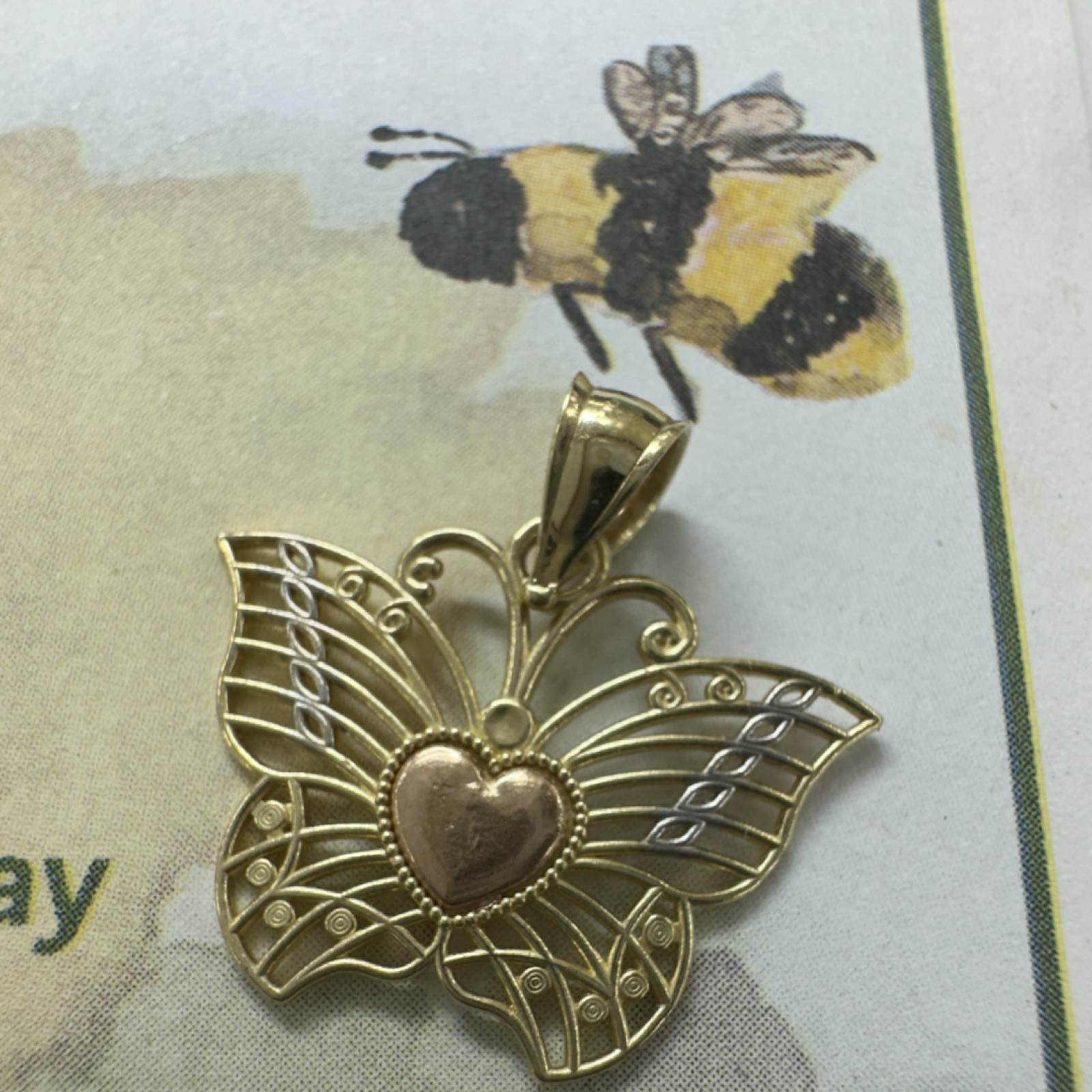 Yellow Gold 14k Butterfly Heart Pendant No Stone Gold Animals Insects Love Theme
