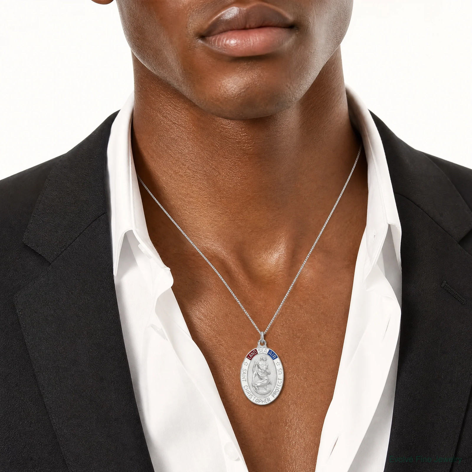 Sterling Silver Satin/Polished/Diamond-Cut Enamel St Christopher Medal