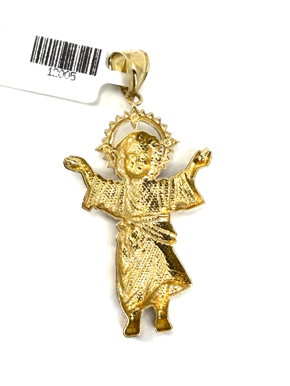 10K Solid Yellow Gold Divino Nino Baby Jesus Two Tone Diamond Cut Pendant Italy