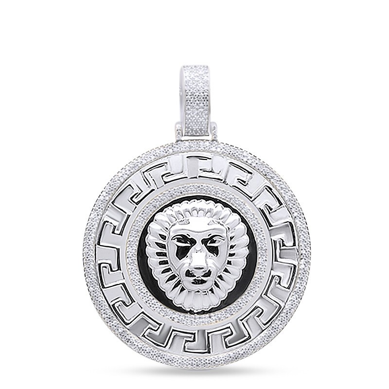 Natural Diamond Micro Mens Lion Circle Medallion Pendant 0.75 CT In Sterling