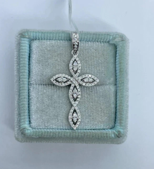 Real Moissanite 2Ctw Round Cut Cross Women’s Pendant 14K White Gold Plated Chain