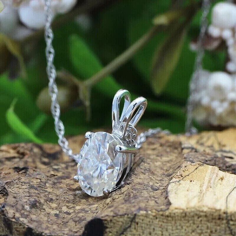 2.00 Ct Oval Cut Real Moissanite Solitaire Pendant Necklace 925 Sterling Silver