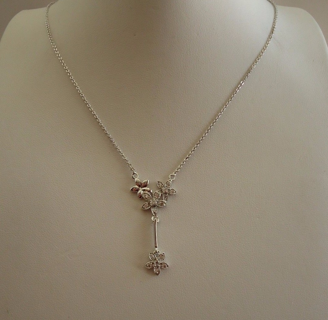 925 STERLING SILVER FLOWER DANGLING PENDANT NECKLACE W/ .75 CT ACCENTS/18”CHAIN