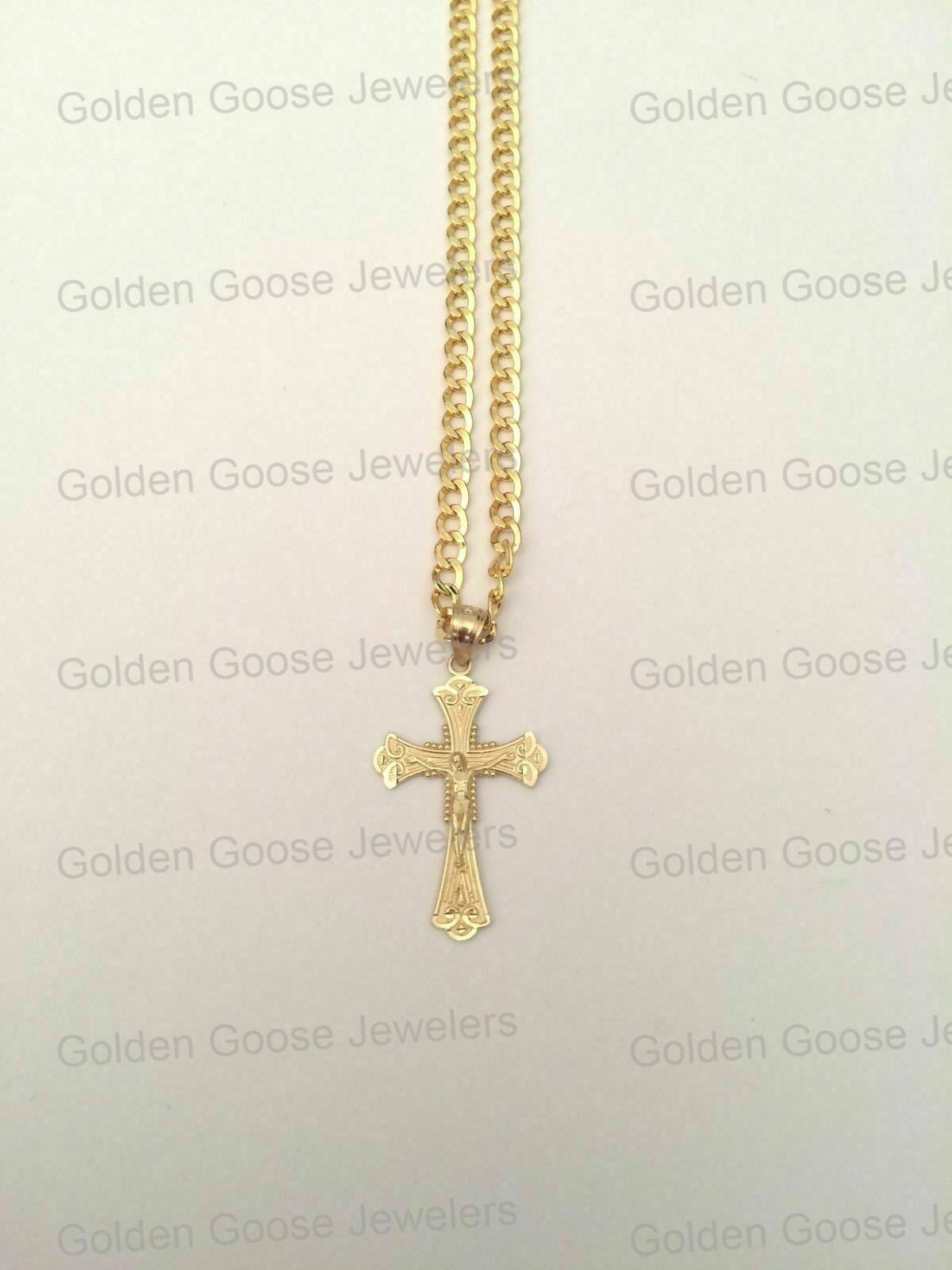 10k Yellow Gold Jesus Crucifix Cross Pendant Charm Cuban Link Chain 16″ – 24″