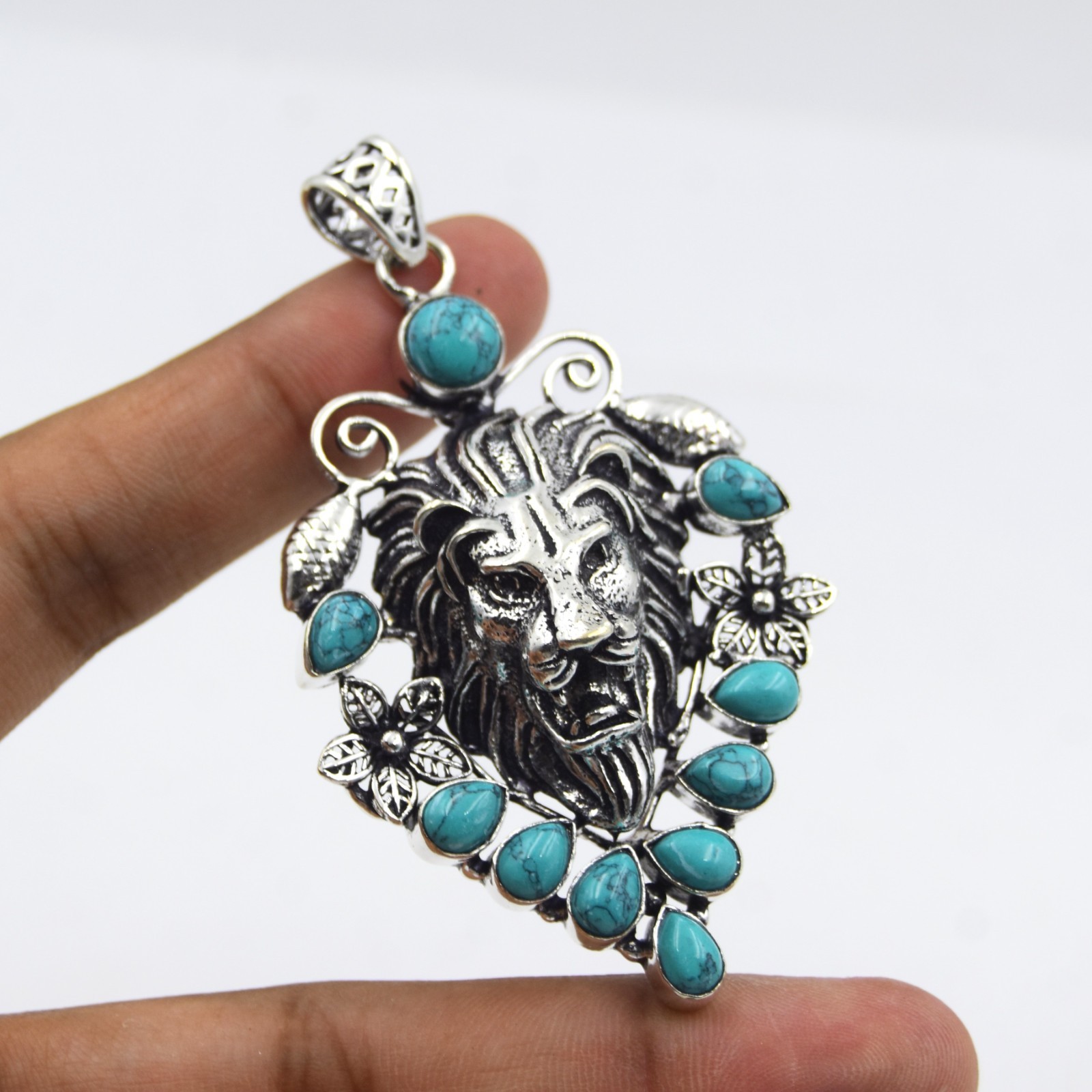 Blue Turquoise Gemstone Handmade 925 Sterling Silver Jewelry Pendant Size-2.25″