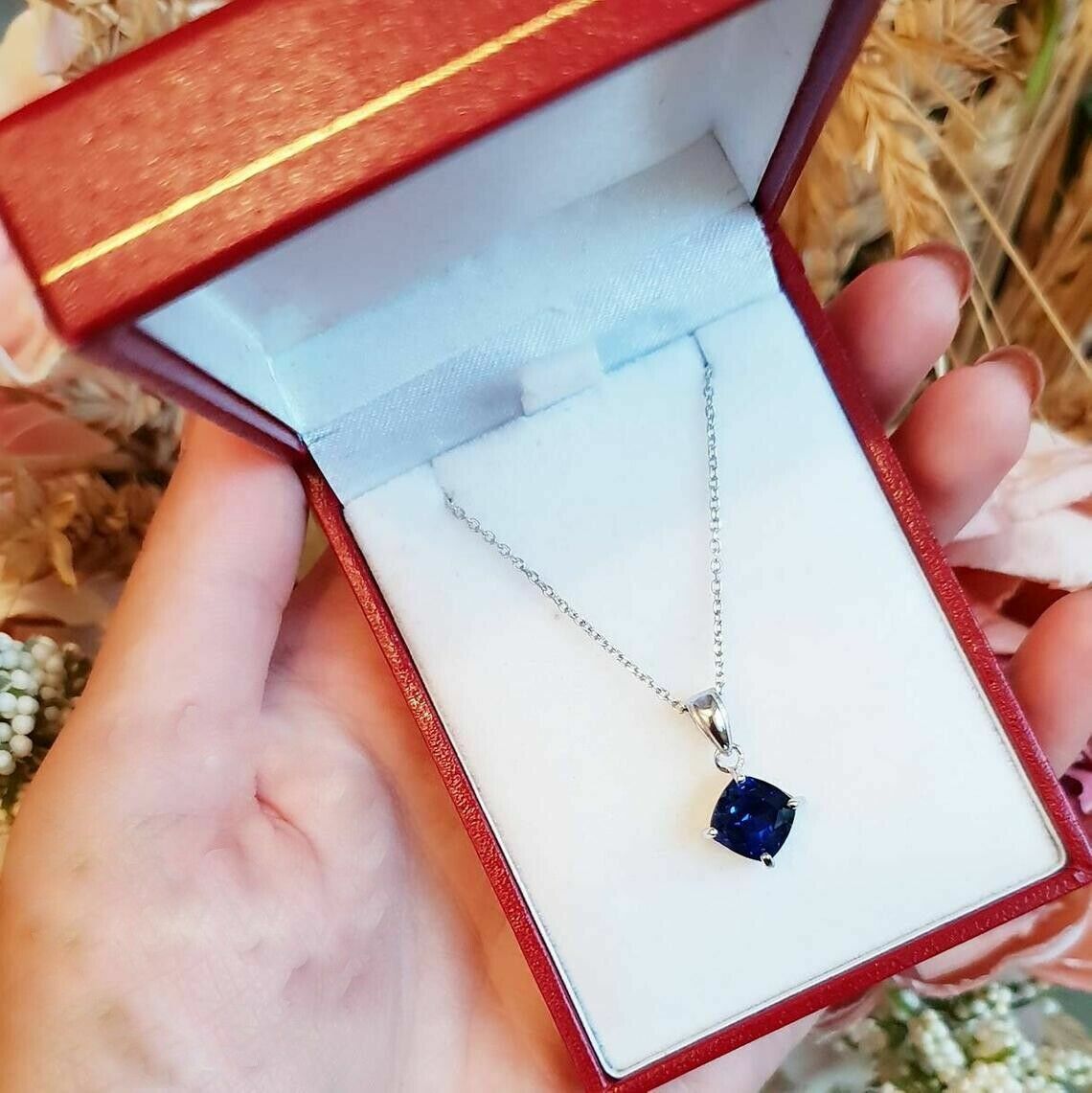 2Ct Natural Blue Sapphire Pendant Necklace With Chain 14k White Gold Plated