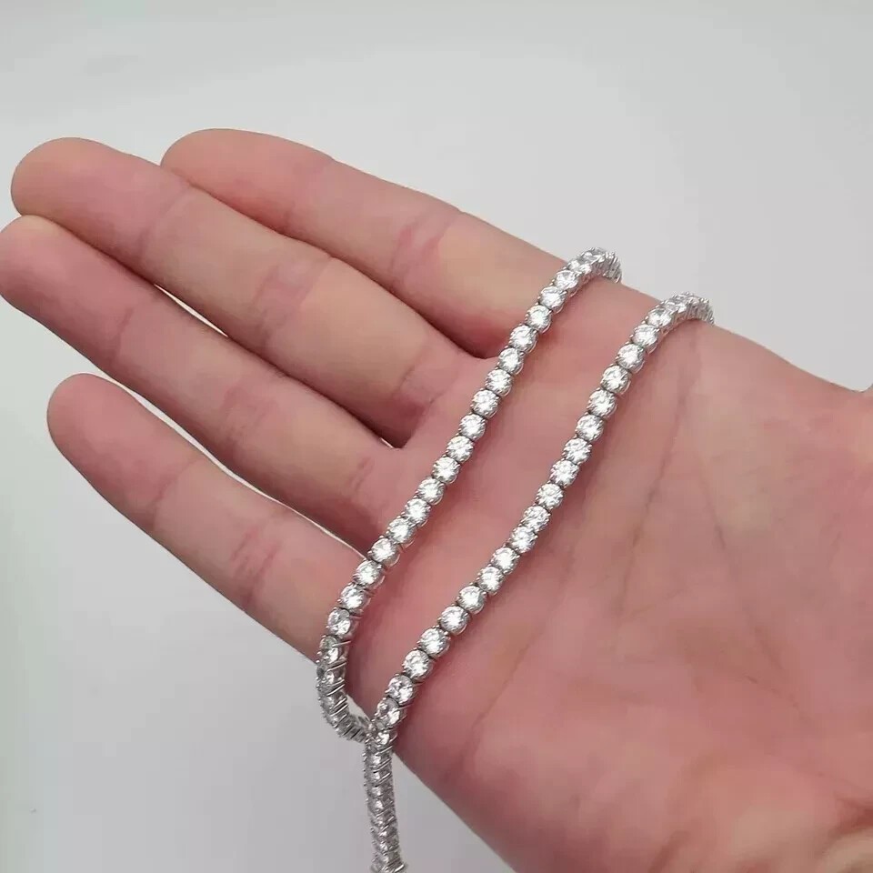 Round Cut Lab-Created Diamond Tennis Necklace 14K White Gold Plated Silver