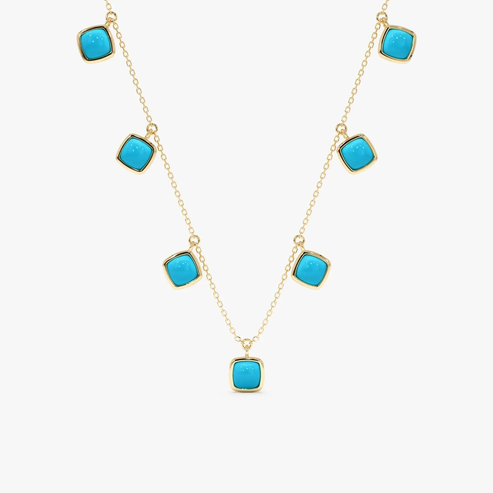 Cabochon Square Turquoise Dangle Layering Station Necklace 18K Yellow Gold Over