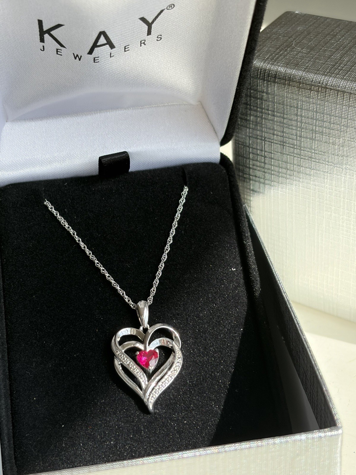 Diamond & Ruby Sterling Silver Heart Pink Stone Pendant Necklace Kay retail $200