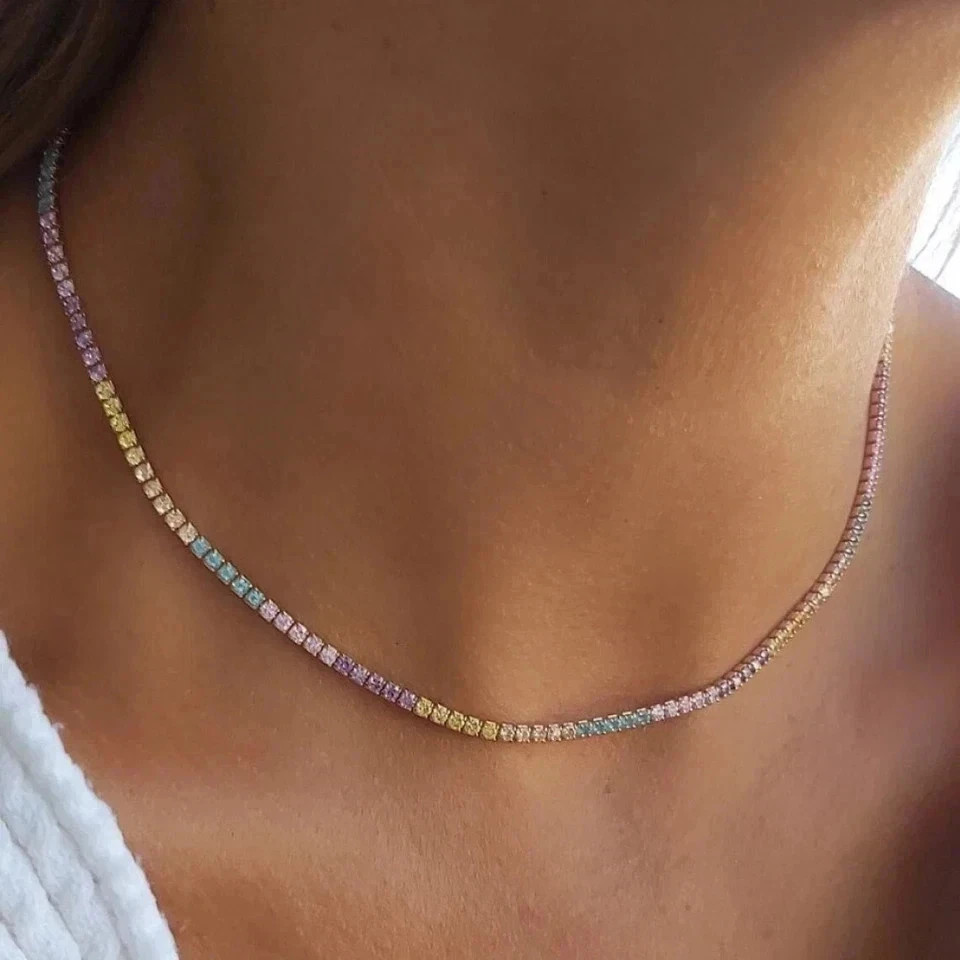 20TCW Round Cut Lab Created Rainbow Sapphire Tennis Necklace 925 Sterling Silver
