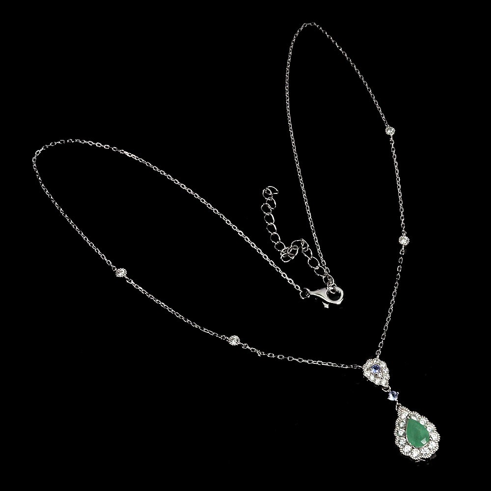 925 Sterling Silver Necklace Pear Emerald 7x5mm Natural Gemstone Jewelry 17in