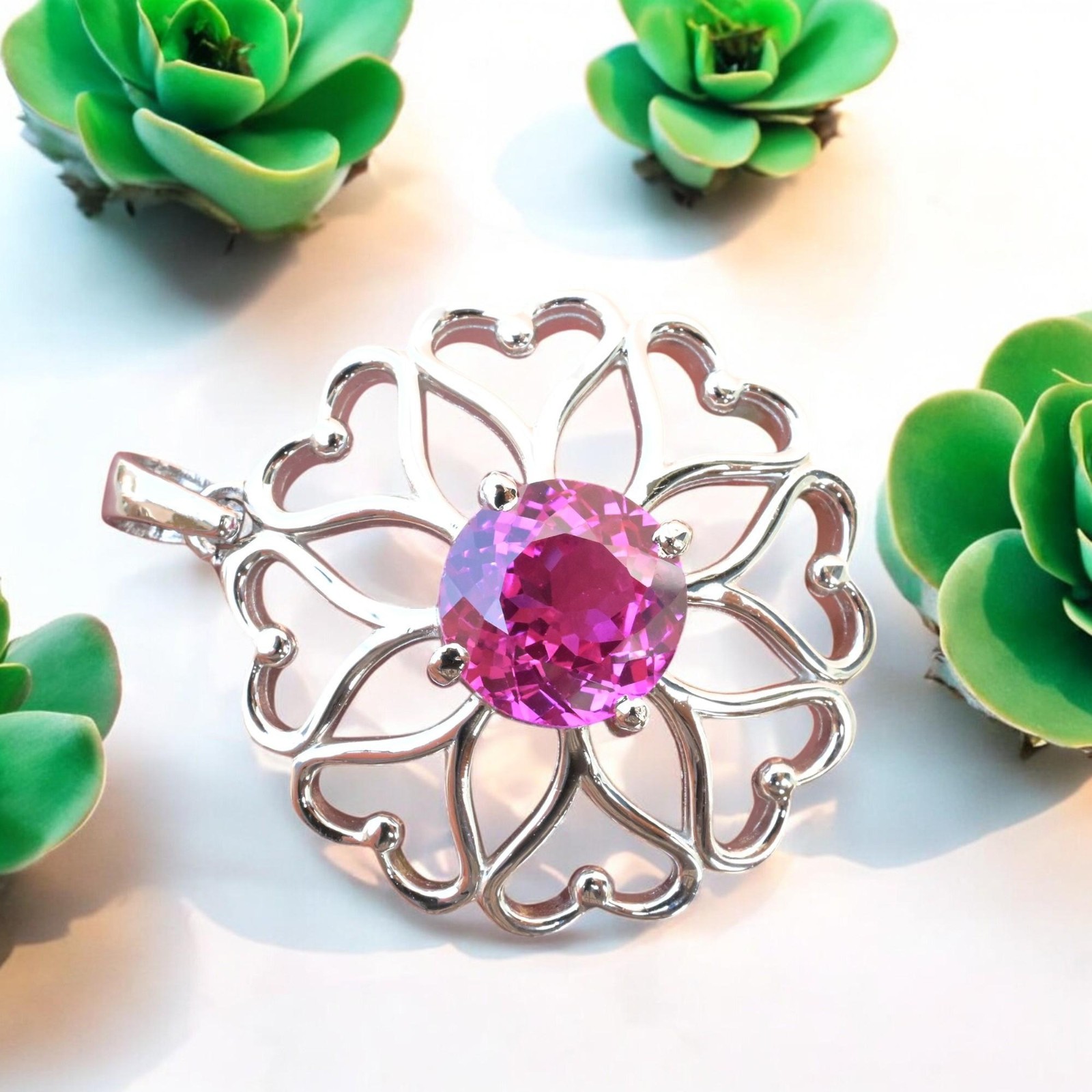 Certified Pink Sapphire 32 Ct Flower Shape Pendant 925 Sterling Silver MG002