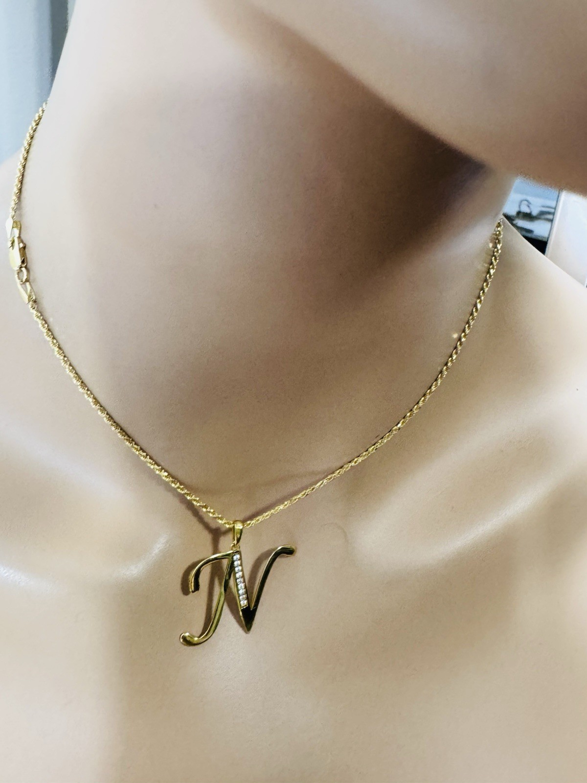18K 750 Genuine Gold Rope Letter N Necklace 15.6”/16” Long 6.5g 1.6mm Choker